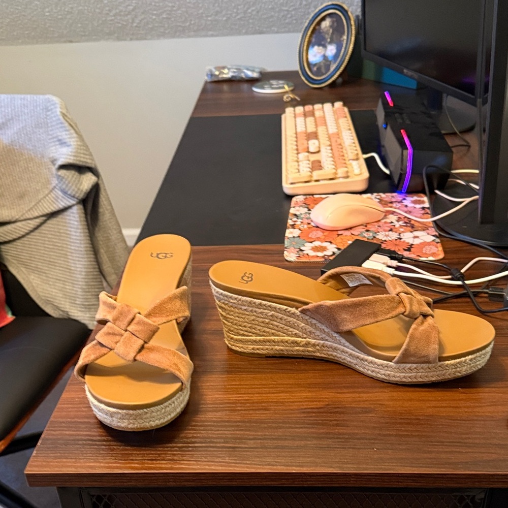 UGG Suede Bow Wedge Sandals in Tan